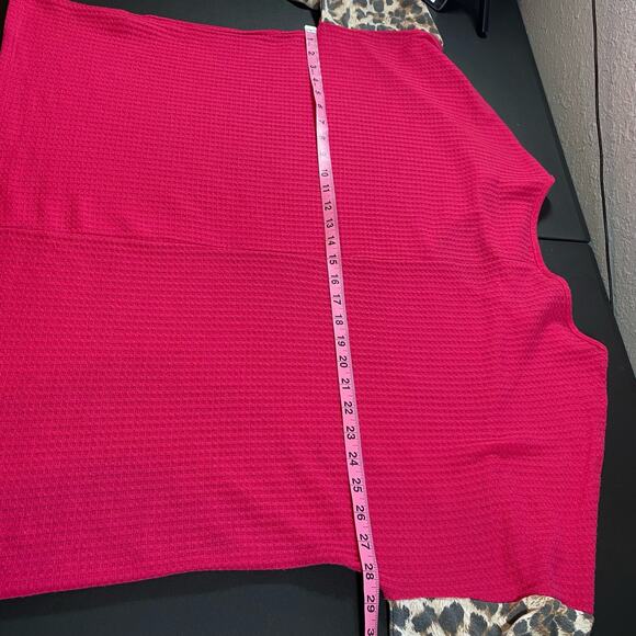 Haptics 1X Pink Cheetah Print Long Sleeve Strappy Shirt Top Waffle Knit V Neck - Picture 5 of 8